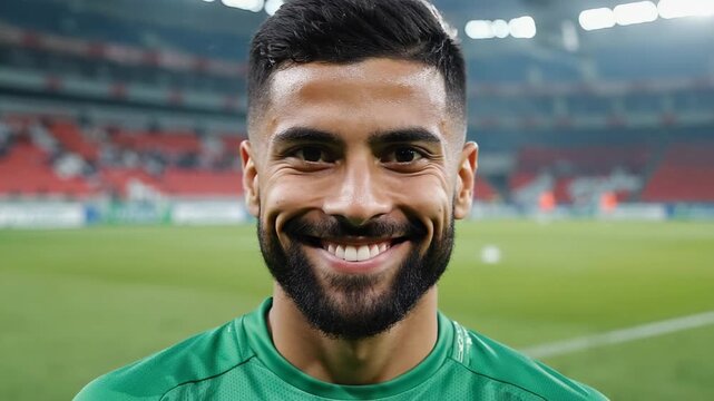 Close-up portrait of a smiling soccer player in a green uniform. He looks confident and happy - Powered by Adobe