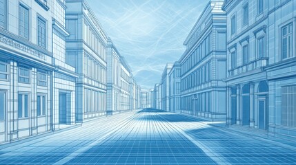 Obraz premium Blueprint City Street Empty urban street, vanishing point perspective, architectural design, background sky, ideal for urban planning visuals