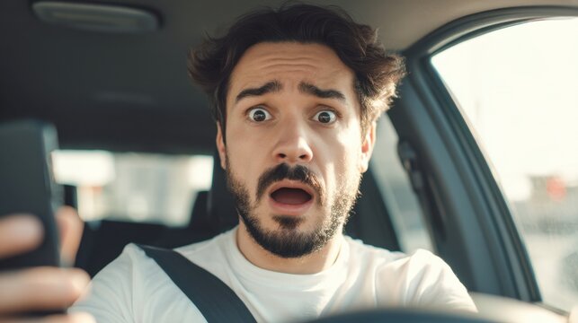 Young man in car showing surprise and fear while using smartphone, distracted driving concept, intense emotions on face, safety hazards presented