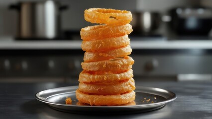 A tall stack of golden-brown onion rings sits on a metallic tray