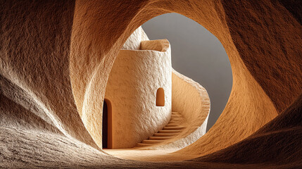 Surreal desert architecture showcases curved lines and textured surface. Perfect for travel marketing, conceptual design or architectural publications.