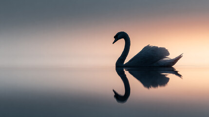 Swan swims in tranquil water at sunset. Reflective, elegant nature scene for design, marketing, web, editorial use. Evokes peace, serenity, grace.