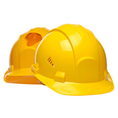 Two bright yellow protective headgear, one in front, the other slightly behind, set against black