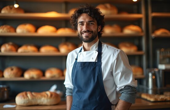 A smiling baker poses in his bakery showcasing the fresh bread and pastries. Confident man in a white shirt and apron stands near shelves with baked goods. - Powered by Adobe