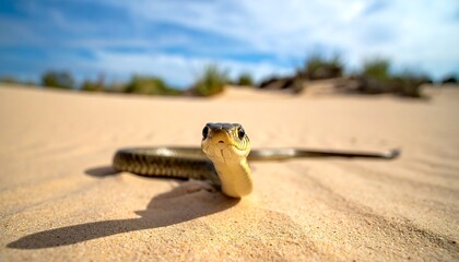 A snake, focused, slithers across golden sand, with blue sky in the background and sparse vegetation in the distance. Eye-level perspective