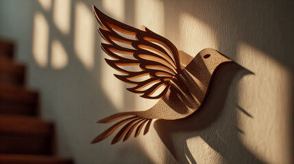 Wooden dove soars on wall in golden light. Represents peace, hope, freedom. Warm, minimalist, rustic design. For interior decor, blog, web design.