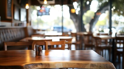 Empty restaurant tables and chairs with an outside view for commercial use