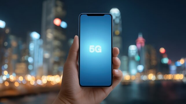 Hand Holding Smartphone Displaying 5G Connectivity at Night with City Skyscrapers in Background, Symbolizing Modern Technology and Communication Advances