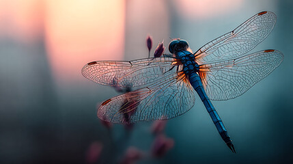 Dragonfly Shimmers in Soft Light. Close-up captures delicate wings, nature's beauty, ideal for web design, marketing visuals.