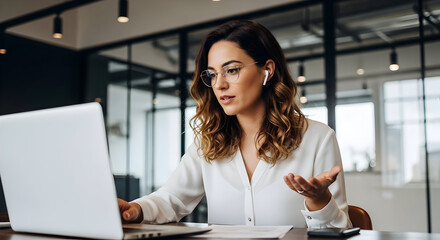 Remote Work Serenity: A professional woman with glasses, in a white top, focused and engaged in a video call or online meeting, her image is bathed in natural light