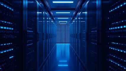 Futuristic data center corridor with illuminated servers and network