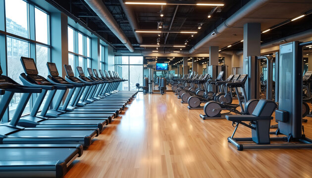 Fitness center interior with exercise equipment. Row of treadmills stand near windows in light gym. Modern machines for physical activity in sport club. Healthcare, wellness motivation concept. Fit - Powered by Adobe