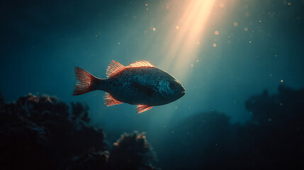 Fish swims underwater. Sunbeams stream through deep ocean. Use for nature documentaries, environmental campaigns, ocean conservation awareness, and marine biology content.