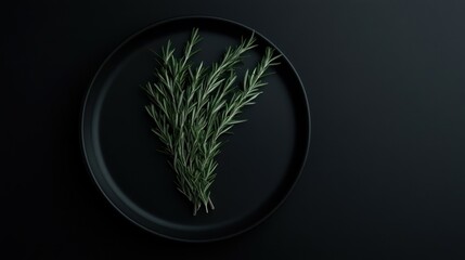 Rosemary sprig on black plate, dark background; food photography, recipe website