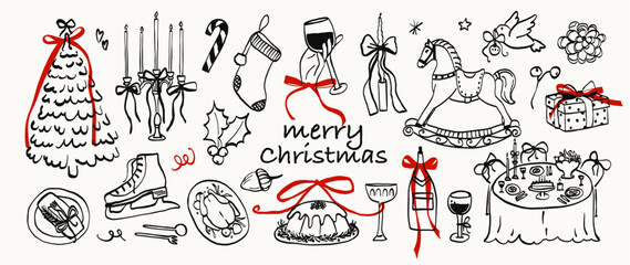 Fototapeta na wymiar Set of whimsical Christmas tree, dinner table, candle line art. Whimsy sketch xmas rocking horse hand drawn doodle. Coquette vector outline illustration