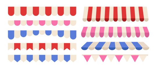 Naklejka na ściany i meble Set of shop canopy tent store isolated on white background. Roof awning, cafe sunshade striped umbrella. Vector flat illustration Naklejka na ściany i meble Set of shop canopy tent store isolated on white background. Roof awning, cafe sunshade striped umbrella. Vector flat illustration