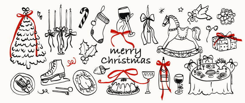 Set of whimsical Christmas tree, dinner table, candle line art. Whimsy sketch xmas rocking horse hand drawn doodle. Coquette vector outline illustration