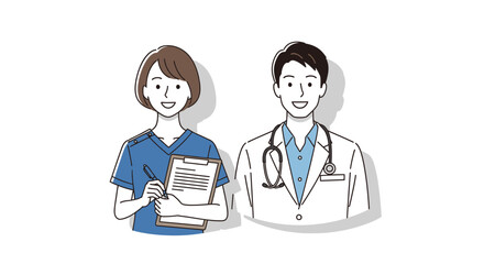 Illustration of a doctor and a nurse standing side by side smiling.