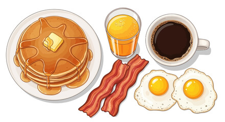 A delicious and hearty breakfast spread featuring a stack of pancakes with butter and syrup, crispy bacon, two fried eggs, a glass of orange juice, and a cup of coffee.