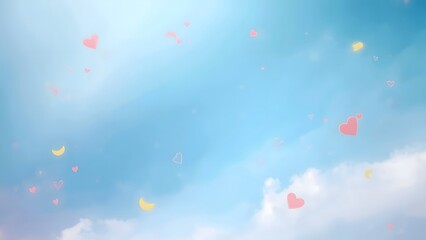 Fototapeta premium Gentle pastel sky backdrop with heart and crescent moon shapes scattering across
