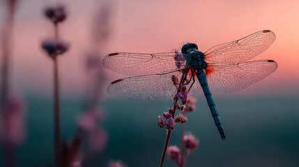 Dragonfly rests on a flower at dusk. Macro shot showcases insect in nature. Ideal for wildlife, nature themes, artistic web design, and serene marketing.