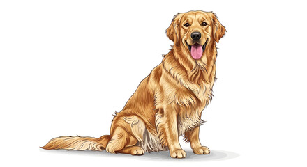 A detailed illustration of a golden retriever dog sitting and looking happy with its tongue out.