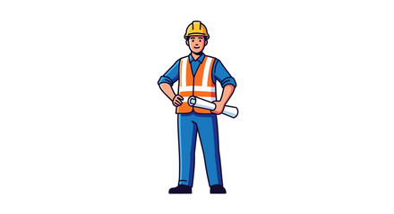 Illustration of a construction worker holding blueprints.