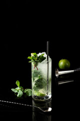 Crisp mojito with crushed ice, mint leaves, lime wedges, and a metal straw in a tall glass against a dark backdrop. A refreshing beverage scene ideal for bars, cafes, and menus.