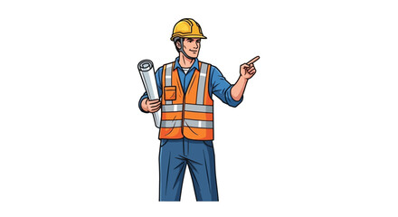 A construction worker in a hard hat and safety vest holding blueprints and pointing to the right.