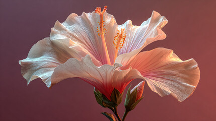 A delicate pink hibiscus flower blooms on a stem against a soft pink background. Perfect for marketing, design, or web use.