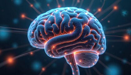 Anatomical model human brain with glowing nodes, neural network. Conceptual image shows nervous system connections, representing tech, health, science. Used in medical presentations, promo materials.