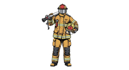 Illustration of a firefighter in full protective gear holding a helmet and a fire hose nozzle over their shoulder.