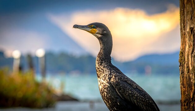A striking image captures a black cormorant with its yellow beak perched on a wood surface, with a blurred backdrop - Powered by Adobe
