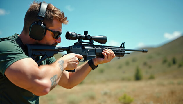 Man aims rifle outdoors on sunny day. Shooter with sunglasses and earmuffs practices at gun range. Marksman with tattoo looks through scope, preparing to fire weapon for sport or defense.