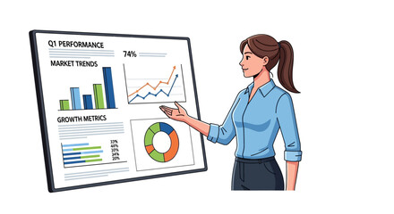 A woman presenting a business report with charts and graphs on a large display screen.