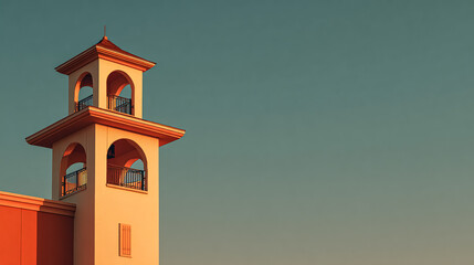 Sunset lights an orange tower against the blue sky. Architecture photography; use for backgrounds, design, travel, marketing, editorial.