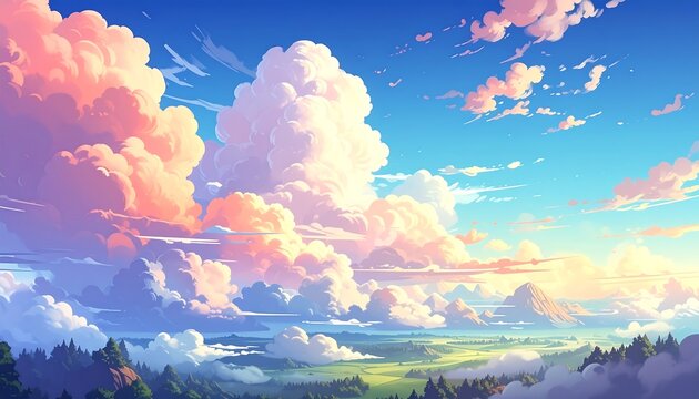 A scenic landscape featuring fluffy, pastel-colored clouds drifting across a vast blue sky, overlooking rolling hills and distant mountains