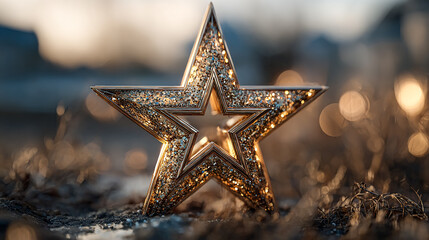 Golden star shines. Luxury object rests on stone background. Use for achievement, Christmas design, marketing.