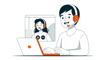 Digital communication illustration with headset wearing individuals on transparent background