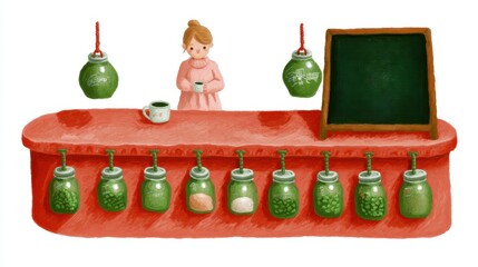Cute tea cafe front, chalk color, white background, A woman stands behind a colorful jar-filled counter, in green and orange brick setting