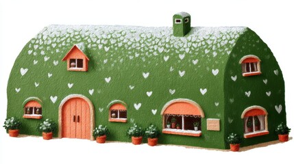 Cute tea cafe front, chalk color, white background, Whimsical green house with heart-shaped decorations and charming windows, in green and orange brick setting