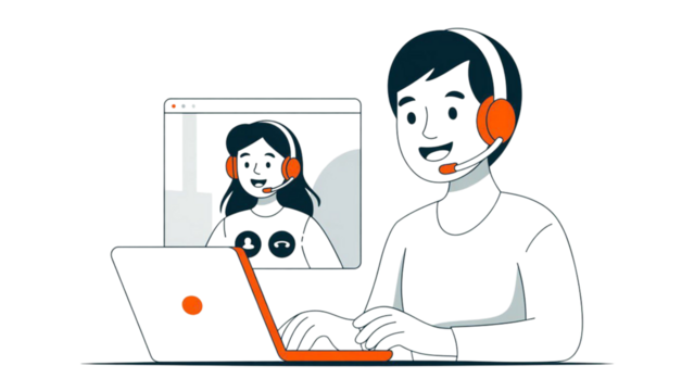 Digital communication illustration with headset wearing individuals on transparent background - Powered by Adobe