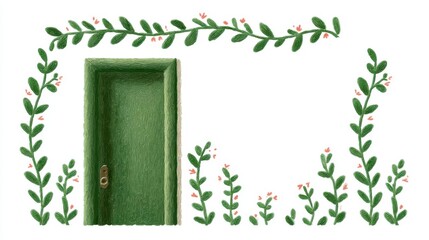 Cute tea cafe front, chalk color, white background, A green door surrounded by decorative foliage and flowers, in green and orange brick setting