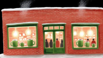 Cute tea cafe front, chalk color, white background, Cozy café with warm lights and snow on the rooftop, in green and orange brick setting