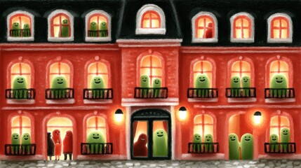 Cute tea cafe front, chalk color, white background, Colorful building with whimsical characters in windows and a couple outside, in green and orange brick setting