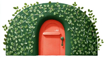 Cute tea cafe front, chalk color, white background, Colorful door surrounded by lush greenery and vines, in green and orange brick setting