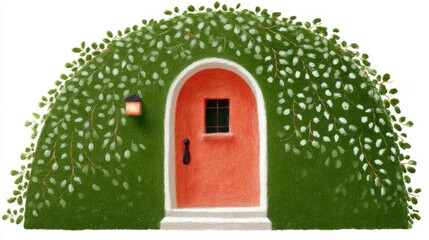 Cute tea cafe front, chalk color, white background, Whimsical, green-hued house with a red door and leafy decor, in green and orange brick setting