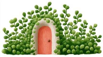 Cute tea cafe front, chalk color, white background, Whimsical door surrounded by lush greenery and leaves, in green and orange brick setting