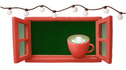 Cute tea cafe front, chalk color, white background, Cozy window view with a latte and festive lights, in green and orange brick setting
