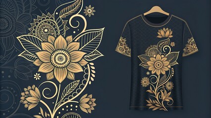 Elegant t shirt design with floral pattern in golden color theme